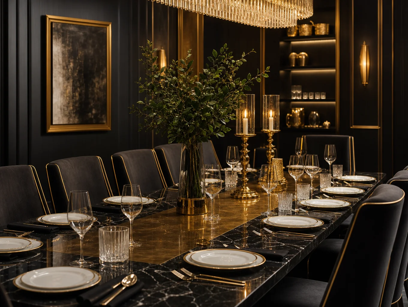 The intimate, dimly lit dining room of H18 Res featuring warm brass accents and modern Italian design