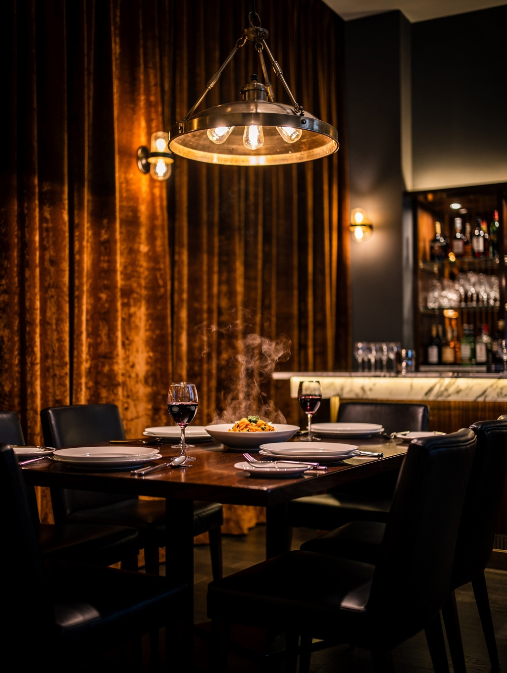 A dimly lit, elegant Italian dining room with warm brass accents and soft table lighting